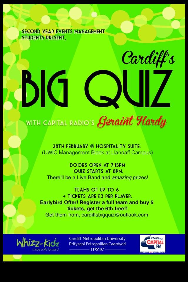 CardiffsBigQuiz's profile picture. A selection of varied rounds all to be presented by our host for the evening Capital FM's breakfast presenter Geraint Hardy.

In aid of Whizz Kidz