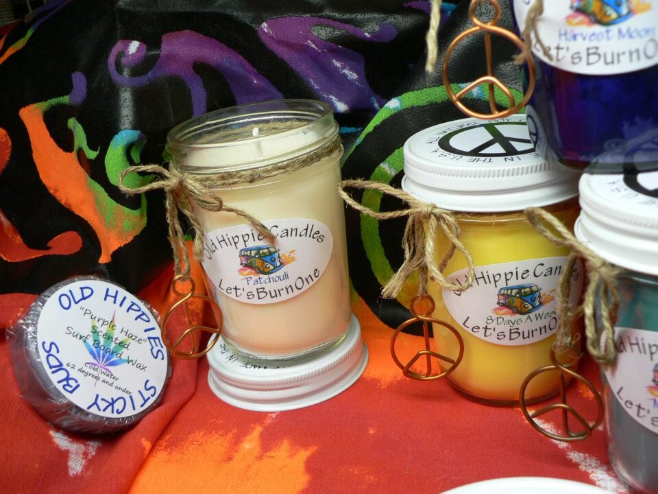 Old Hippie Candles......  Made with 100% all natural soy wax & essential oils, we use only cotton or hemp wicks for a clean slow burn every time!