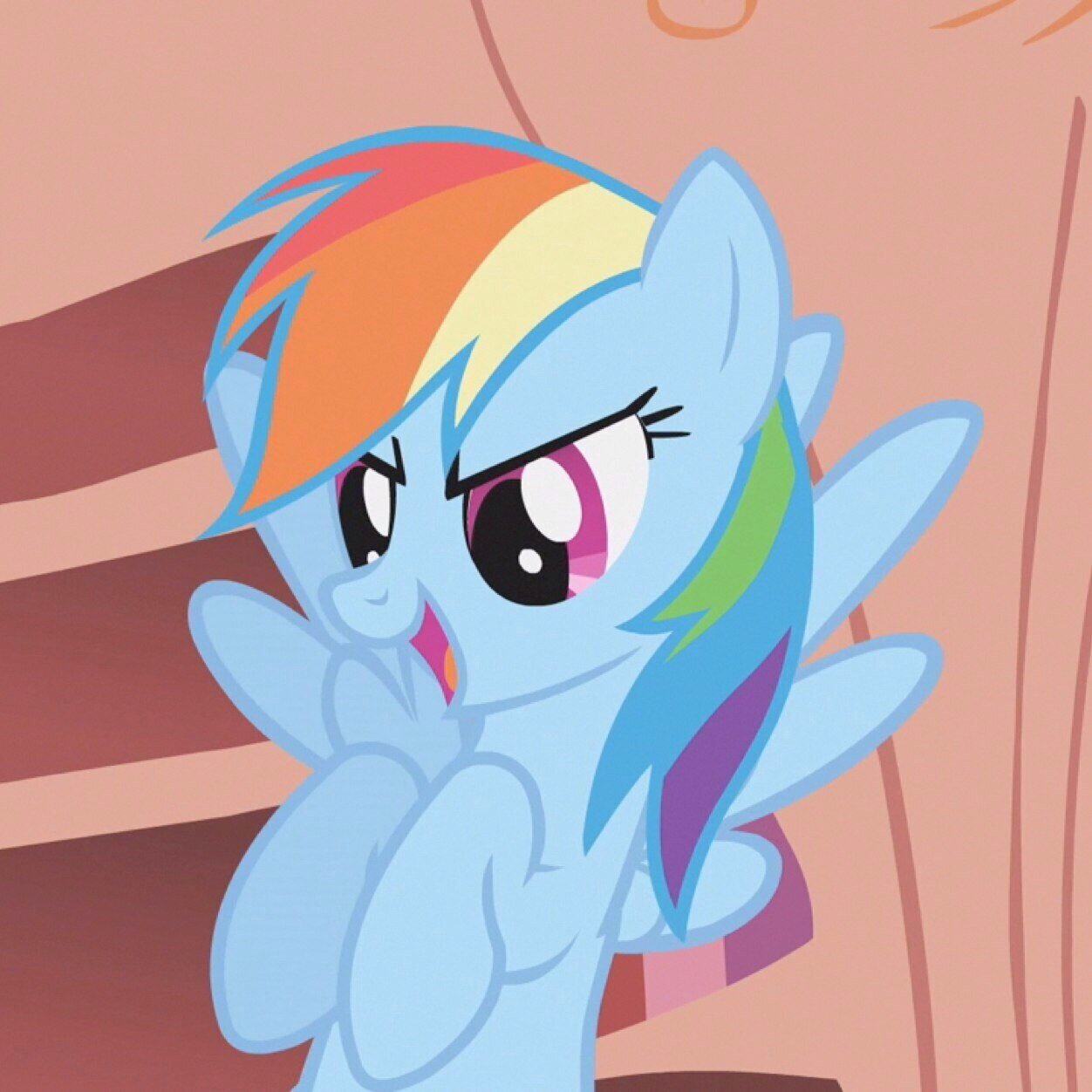 Dont tell me you dont know me! I'm the one and only Rainbow Dash! Best flyer in all of Equestria! Also, Element of Loyalty!