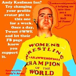 andysarmy's profile picture. Official Twitter account supporting the Induction of Andy Kaufman into the 2014 WWE Hall of Fame. Sponsored by Andy's Army. http://t.co/O4OAwofdpf