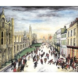 Artist, specialising in oil paintings of towns, historic buildings, human activity. Grew up in Cambridge, went to London University, moved to Kenilworth in 1984