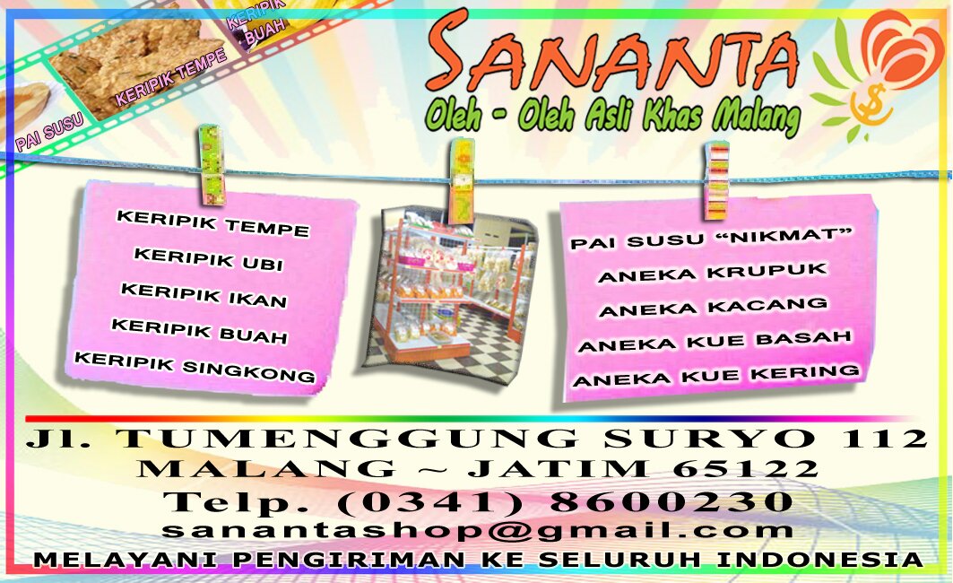 SANANTA Oleh-Oleh Asli Khas Malang.
YKS = YUKS KE SANANTA
Jl. Raden Tumenggung Suryo 112 Malang
Telp. (0341) 8600230 - sanantashop@gmail.com