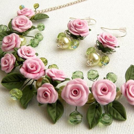Floral jewelry boutique; We offer a variety of handmade jewelry with flowers and beads that comprise of a necklace, earrings, bracelet.