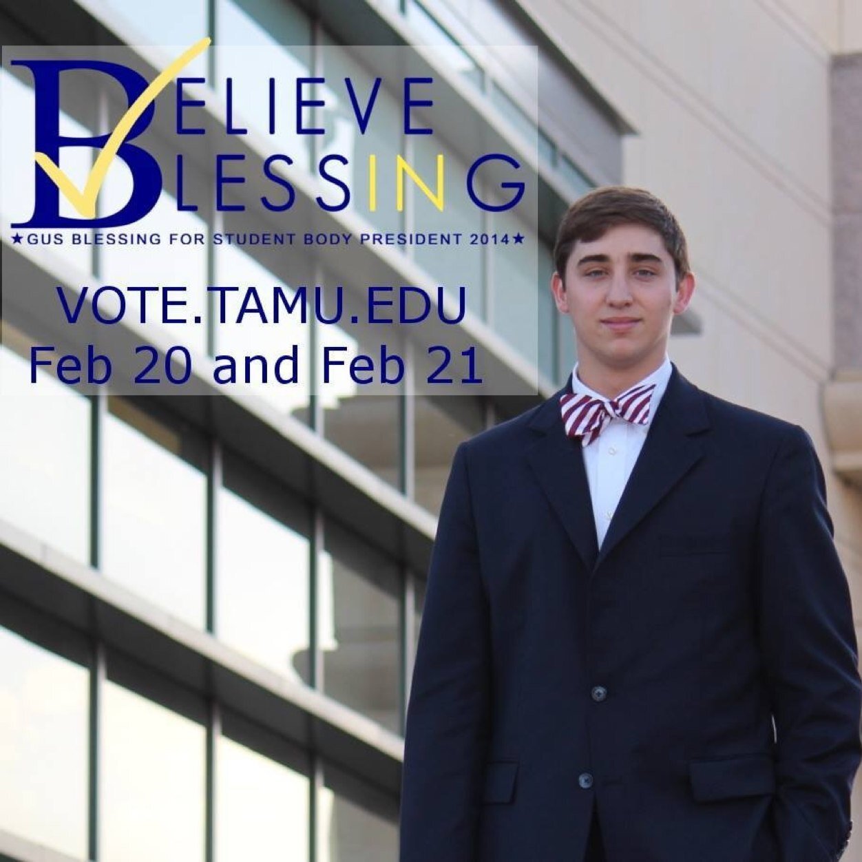 Howdy! Welcome to the official Twitter of the Gus Blessing campaign for Texas A&M Student Body President. Check back for more updates! #BelieveInBlessing