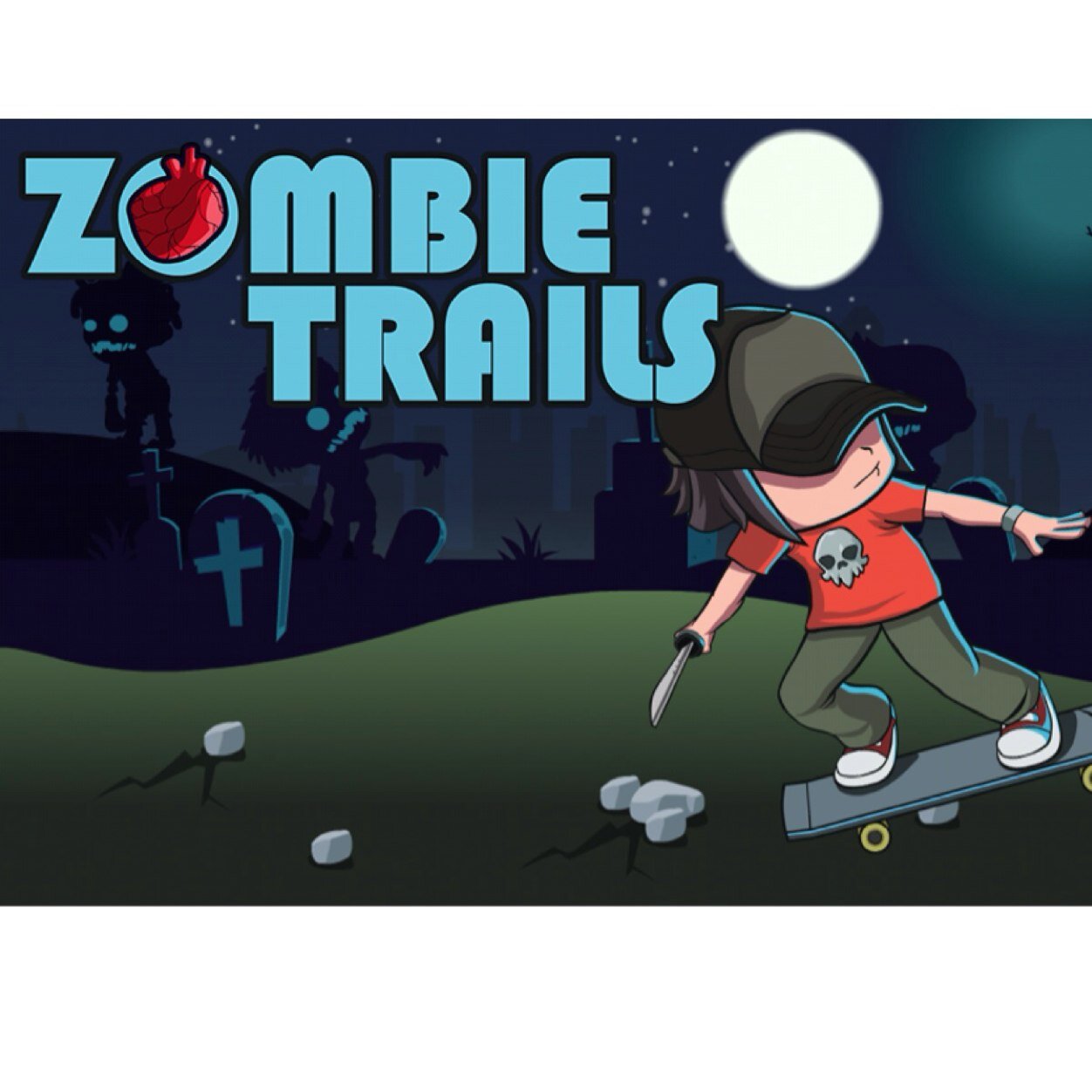 Skate through the grassy hills of Zombie Trails. Download this action/adventure game for the iPhone and iPad today and have fun! Boost, jump, shoot.....enjoy