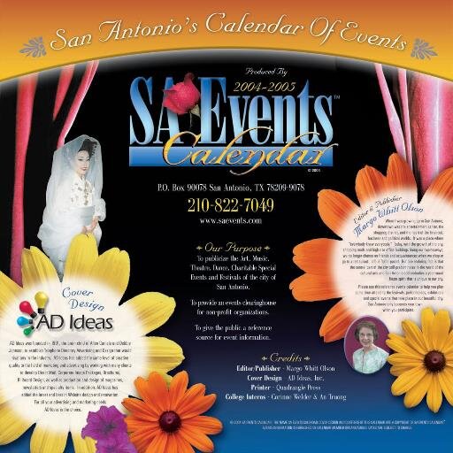 SA Events Calendar was published annually for 20 years. In 2008, it became a online cultural events calendar showcasing the arts and festivals of San Antonio.