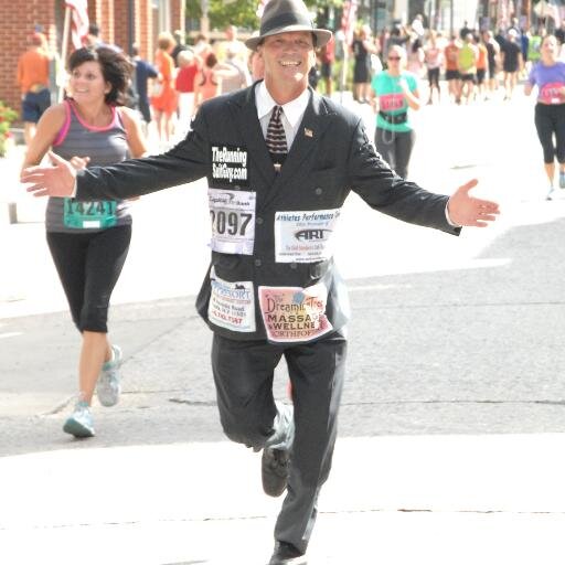 I run races, 1/2 marathons, 10Ks etc, dressed in a suit, tie and fedora. I get a lot of attention. Your business name on my suit gets a lot of unique exposure.