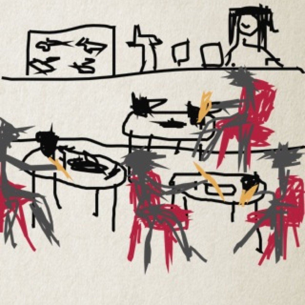 A fictional seaside cafe, where YOU draw today's theme on the tablecloth. DM or tweet us your drawings.