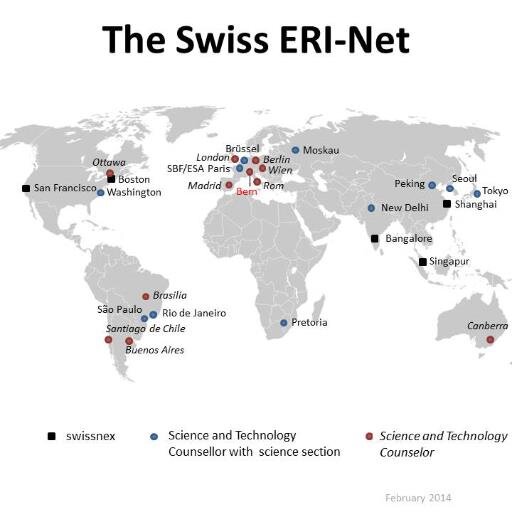 Connecting the World and Switzerland in Education, Research and Innovation. 2014: 6 swissnexes plus 19 Science & Technology Counsellors STC. ERI-Net since 1958.