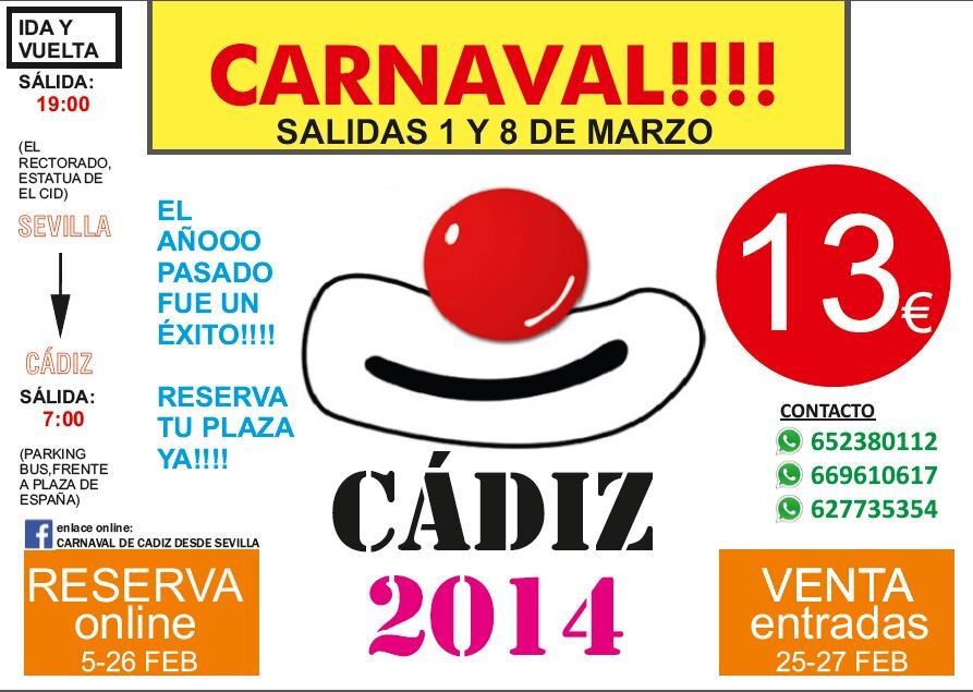 CARNVAL A CADIZ DESDE 13 EUROS!!
EL DIA 1 Y EL DIA 8 DE MAYO!
DE 19:00 A 7:00