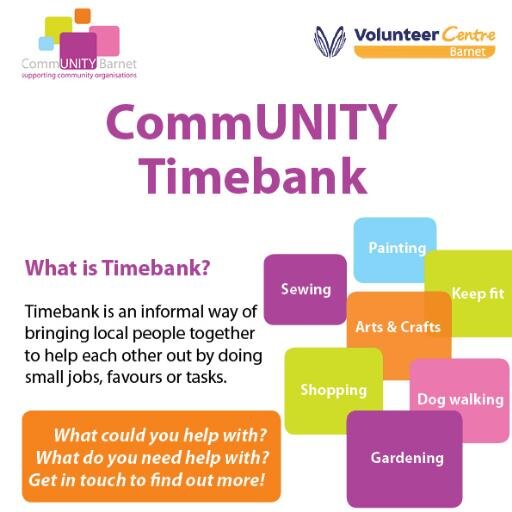 Timebank is an informal way of
bringing local people together
to help each other out by doing
small jobs, favours or tasks.
