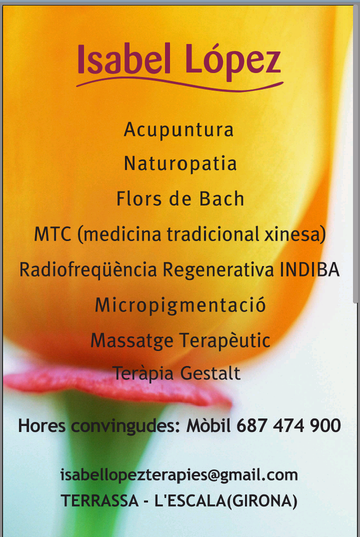 Espai de Salut Integrativa
Acupuntura, Naturopatia, Indiba, Flores de Bach, Terapia Gestalt, Reiki, Estética, Clases y Cursos