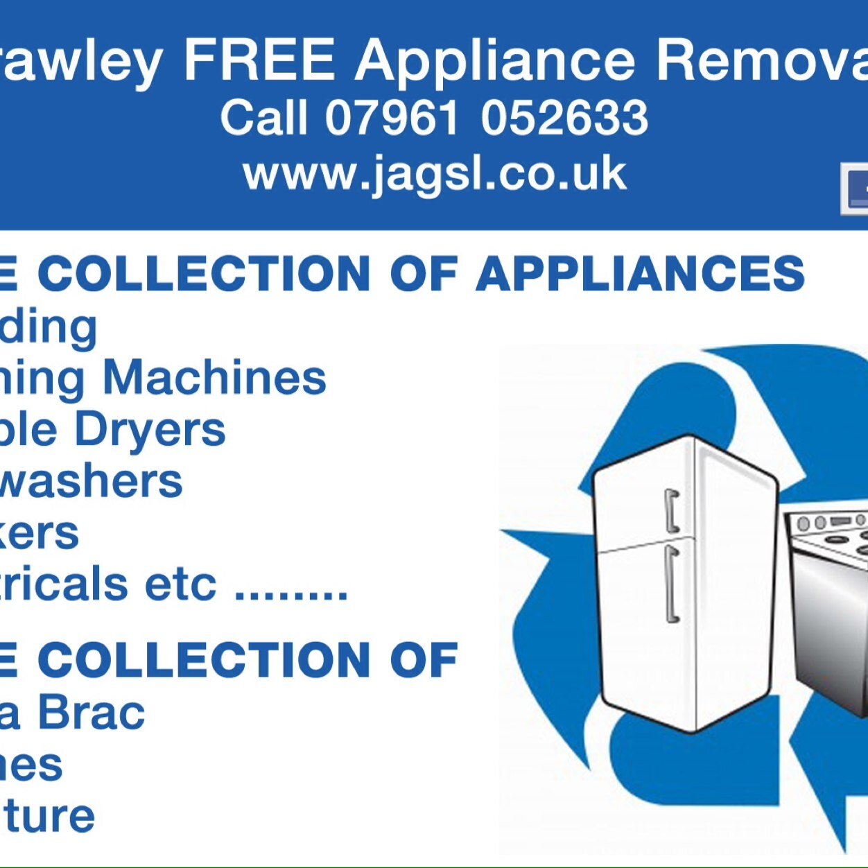 jag_sl's profile picture. CRAWLEY FREE APPLIANCE REMOVALS
washing machines tumble dryers dishwashers cookers any metal.... Brik a brak electricals cloths most things collected for free