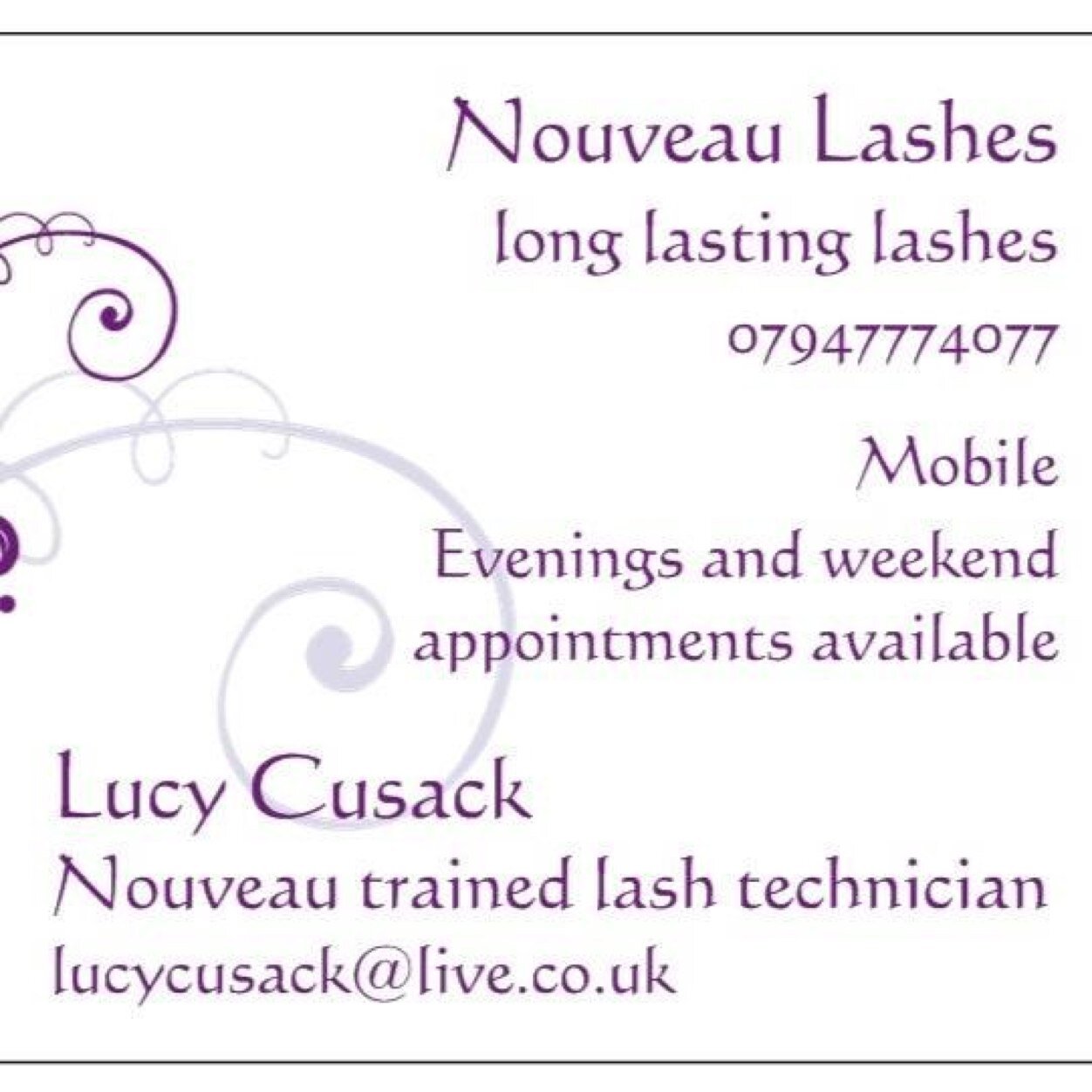 Qualified Nouveau Lash technician for weddings , proms or just that extra definitinion . Longer , thicker very natural looking lashes at great prices !