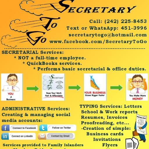 Secretary To Go is a virtual / mobile office that caters to all persons or companies that require basic TYPING, SECRETARIAL or ADMINISTRATIVE services.