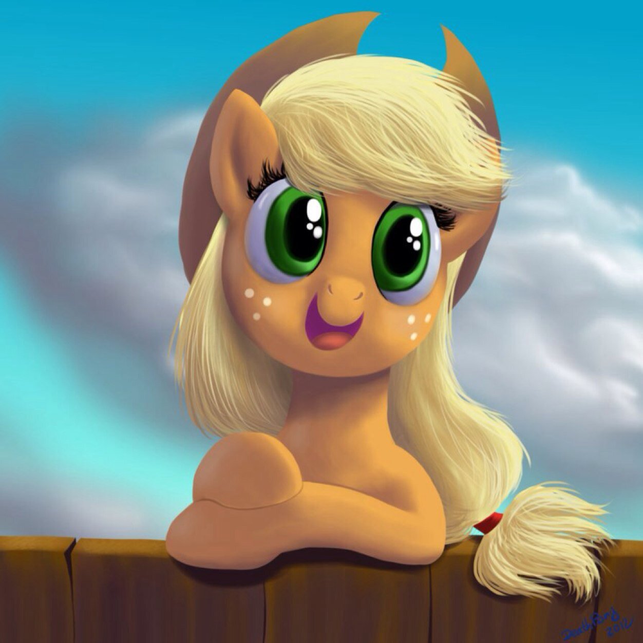 Well howdy sugar cube! Ah'm AppleJack, nice t' meet y'all. I w'rk o'vr at Sweet Apple Acres! Come visit for some Apples, sometime!