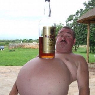 big man with big bottle on belly