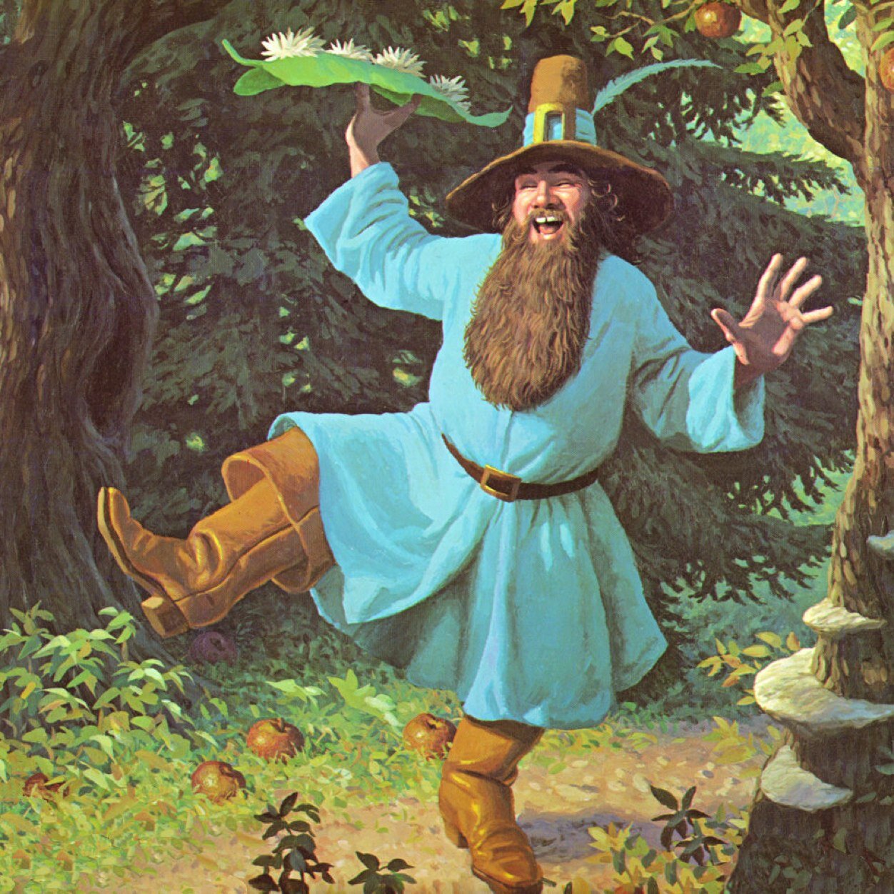 El viejo Tom Bombadil es un sujeto sencillo, de chaqueta azul brillante y zapatos amarillos.