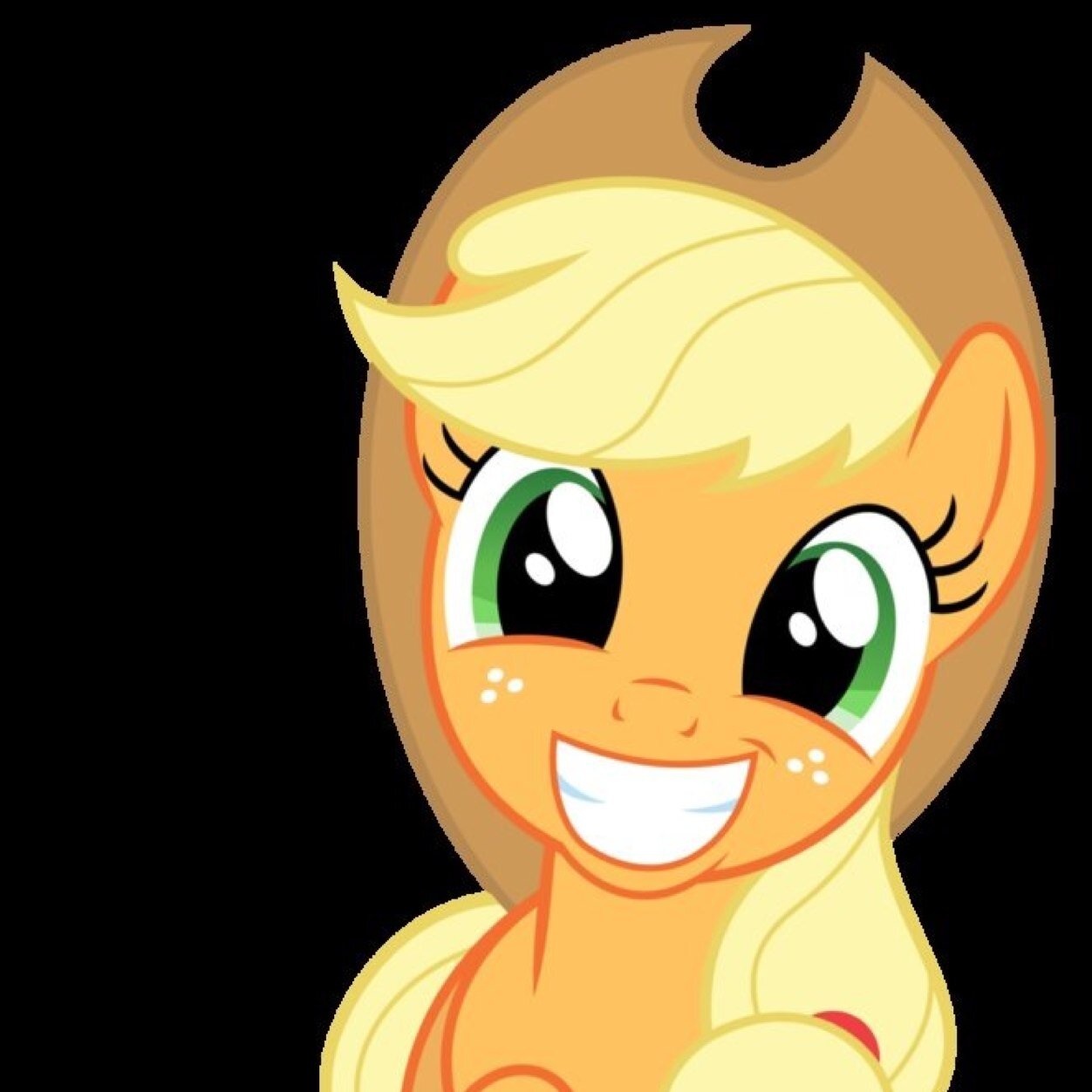 Well hello, sugar cube! Ah'm Applejack, and ah live ov'r at Sweet Apple Acres! Come visit, y'all, for apples and apple sweets! Darn these tweeter thingies.