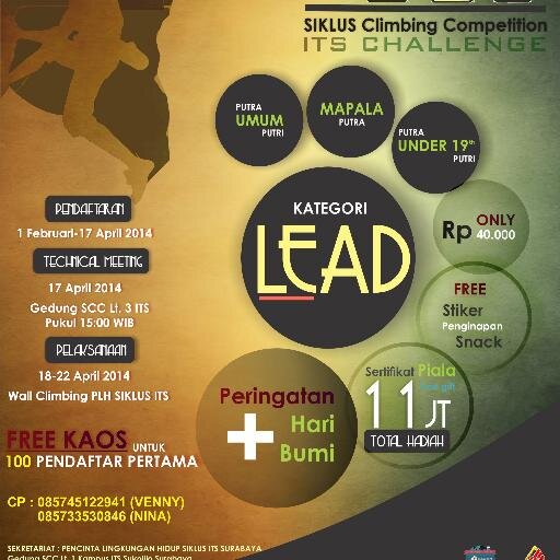 SIKLUS Climbing Competition
18-22 April 2014, Lomba panjat se-Ja Tim,kategori LEAD- umum, mapala, KU under 19 th
IDR 40K
Pendaftaran sms ke 08573333315