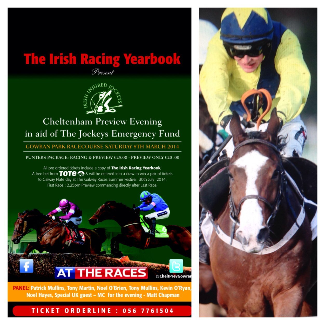 cheltprevgowran's profile picture. The @IRY2014 presents a Cheltenham Preview Evening @gowranpark March 8th 2014 in aid of @injuredjockeys. Fantastic Panel,Tickets €20 - Orderline: 056 7761504
