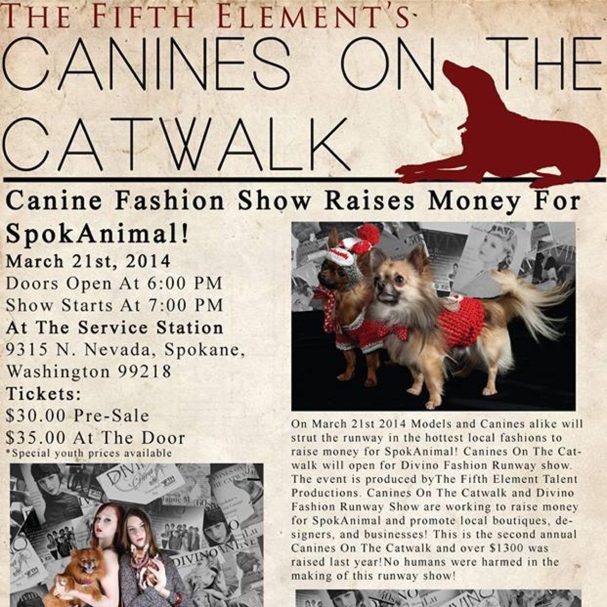 The Fifth Elements Canines on the Carwalk is the official doggy coture Fashion Show in Spokane Wa. It was founded in 2012 and benifits Spokanimal C.A.R.E.