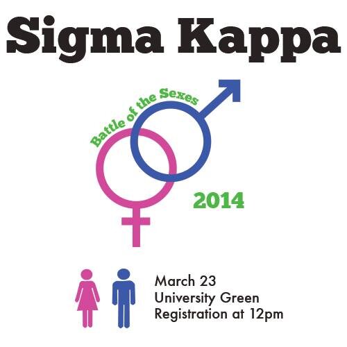 Sigma Kappa's Battle of the Sexes event March 23rd from 12-4 on University Green.  $55 for 5 benefiting the Sigma Kappa Foundation #BSU #SigmaKappa #SKBots