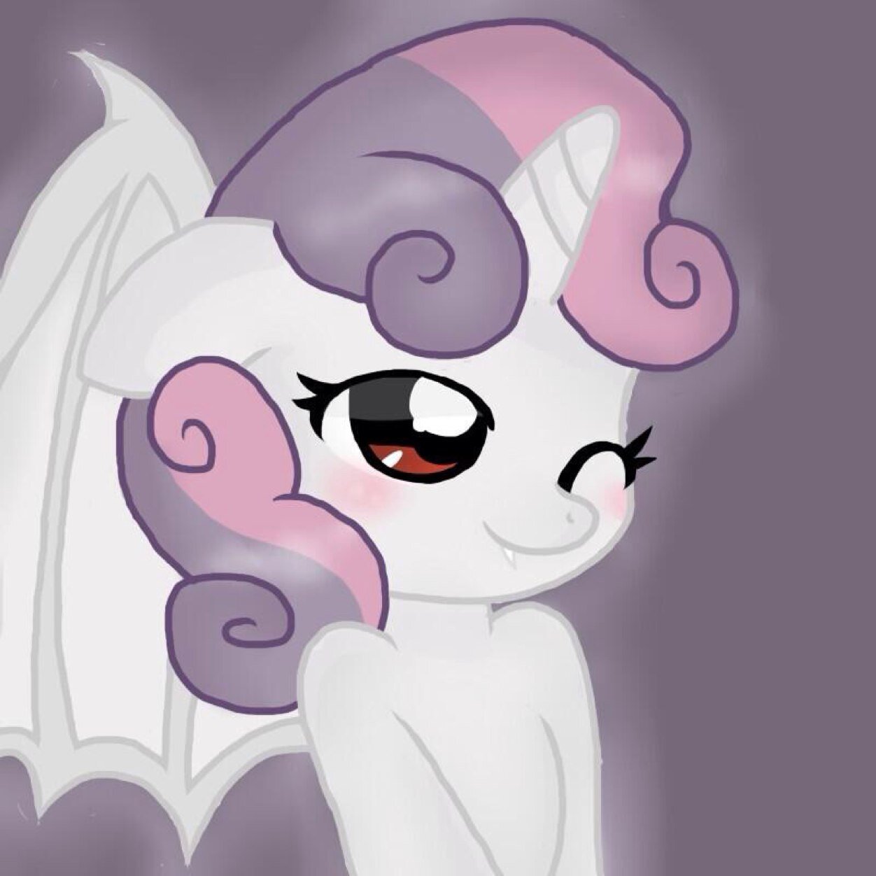 *Secree* I'm @mlp_Raritybat's little sis, and a memeber of the Bat-Colors crusaders. we won't stop until we get our Bat-Colors! {Bat form of @mlp_Sweetie}
