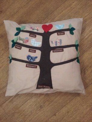 Completely personalised and unique cushion covers showing members of your family,  friendship group or whoever you choose as birds resting in a tree.