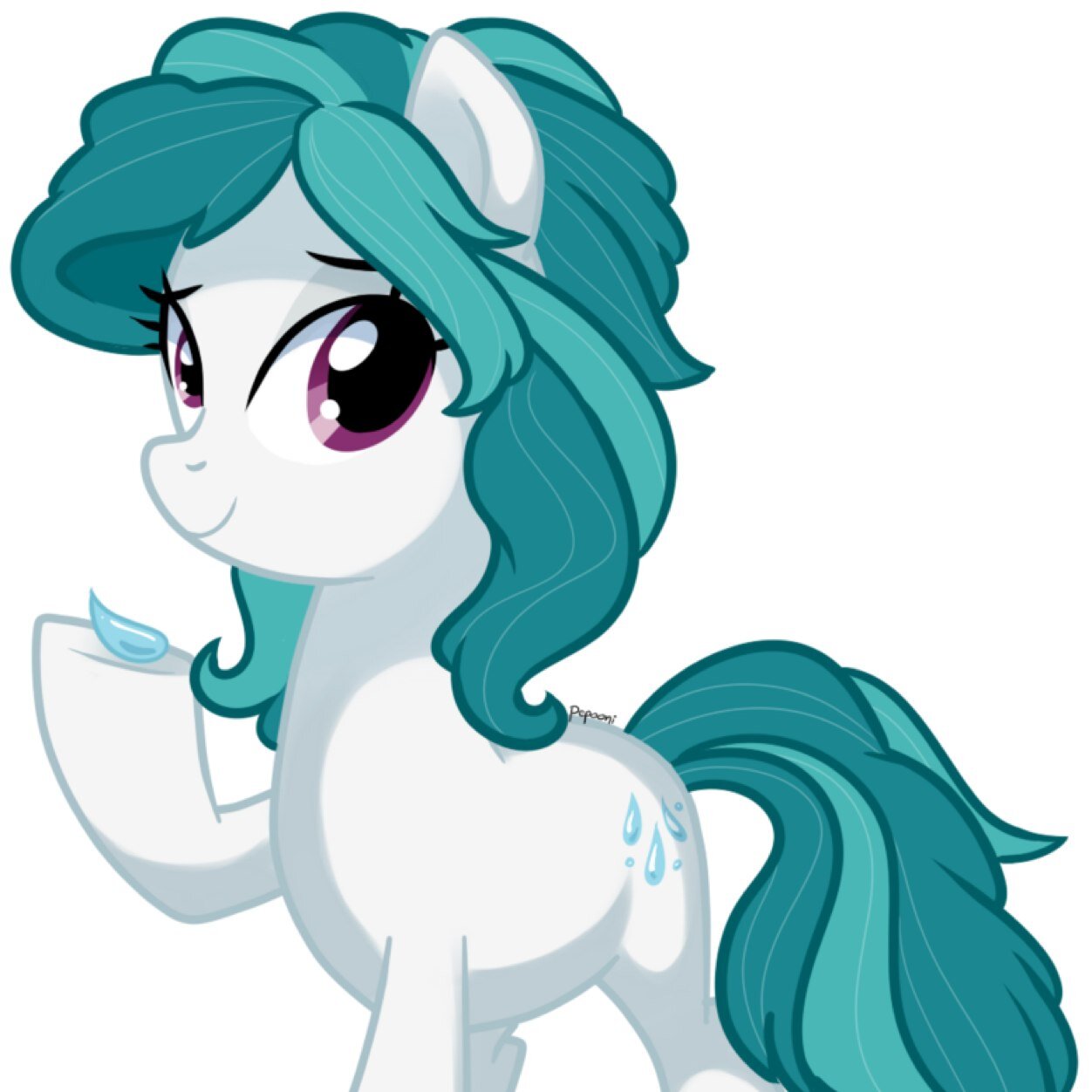 Her name is Dew Droplet, call her Dew. Connected to all water, Dew Drops, Dew Mist, Raindrops, The Sea, And Fresh Water. Known for her misty mane.