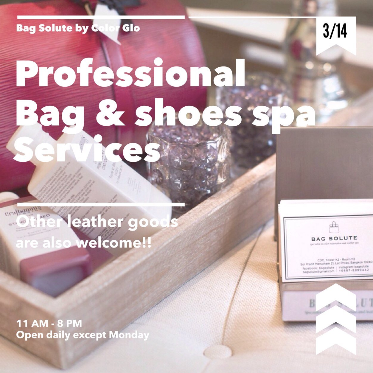 Bag Solute provides our customers professional bag and shoes spa services. For more information, pls kindly contact us by phone 087-889-9442 or line bagsolute