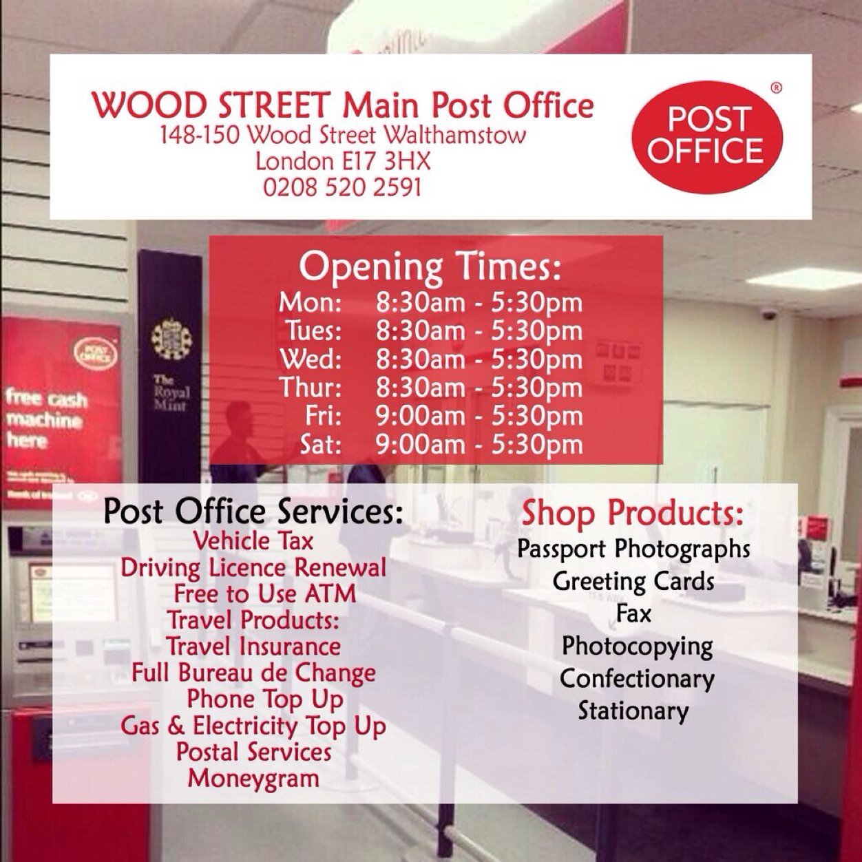 Main Post Office Branch based in Wood Street - Mon - Thurs 8:30am - 5:30pm Fri & Sat 9:00 - 3:00pm We are now also a @creationexpress franchise.