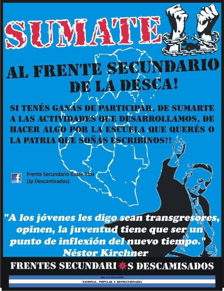 Sumate al Frente Secundario descamisados este en nuestro grupo de facebook:  JP DESCAMISADOS SECUNDARIO te esperamos  para seguir construyendo la patria