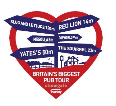 From 18th May to 26th Sept, all 620+ @stonegatepubs, bars & late night venues in the UK will attempt Britain's Biggest Ever Pub Tour in aid of @VarietyGB! #BBPT