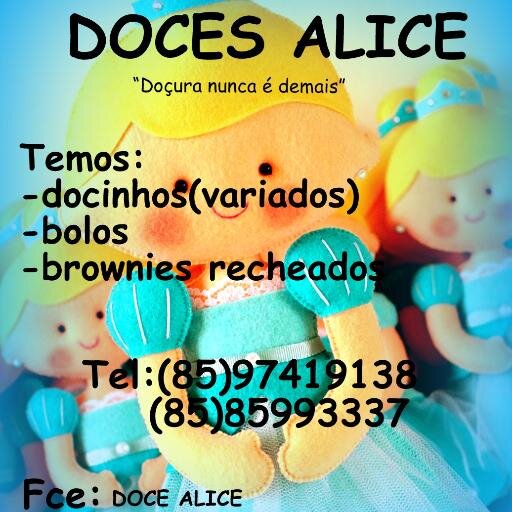 DocesAlice's profile picture. DOCES ALICE
 UM POUCO DE DOÇURA NUNCA É DE MAIS...
Temos:bolos confeitados,docinhos variados e brownies recheados.