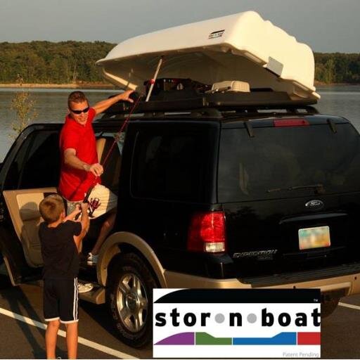 World's first all-in-one vehicle rooftop cargo box and boat!  2 Persons, 2 HP Outboard, 15 CF Storage Capacity.  Boat quickly and easily attaches to vehicle