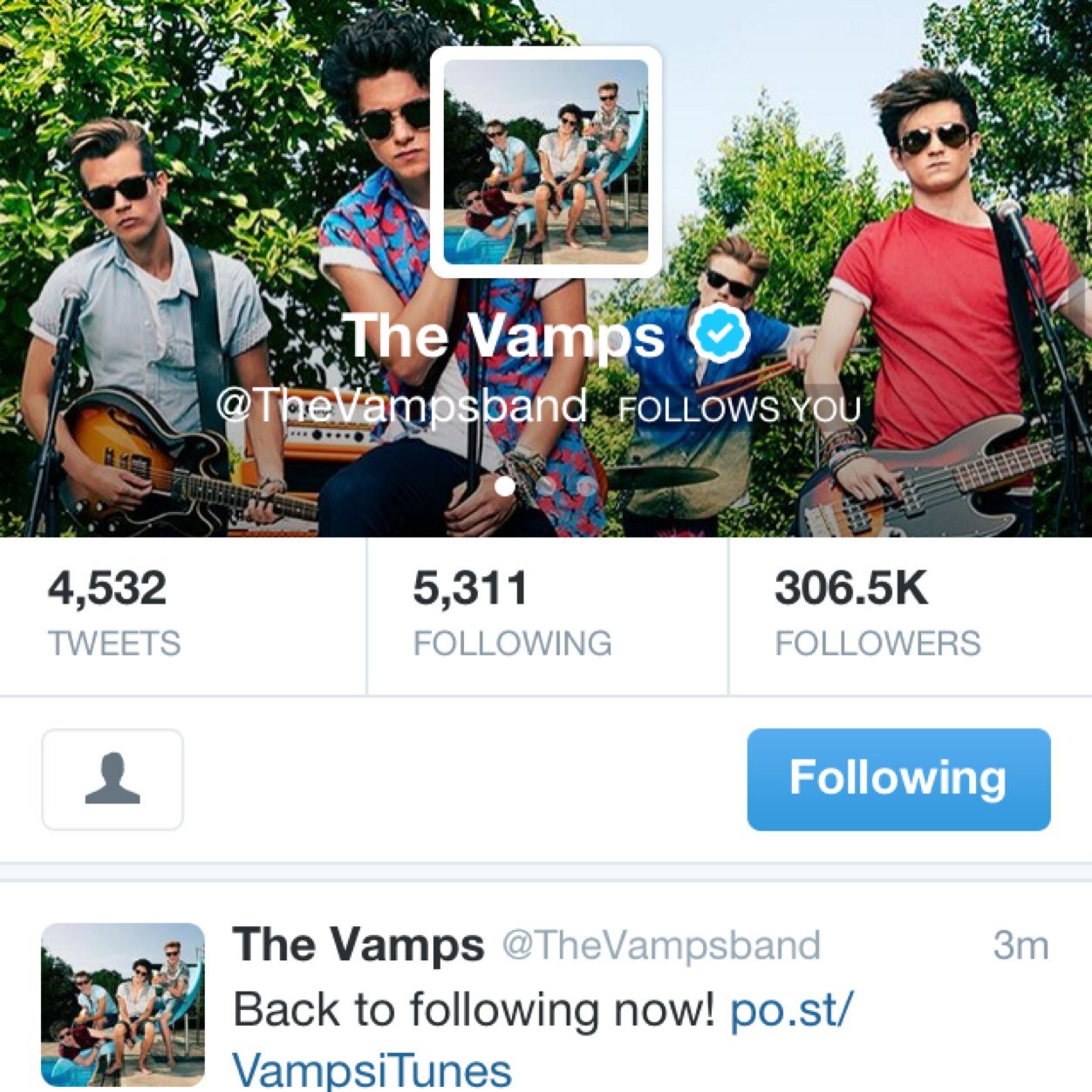 CONGRATS THE VAMPS BAND FOLLOW YOU 
Return the follow to @bradsdoublechin
