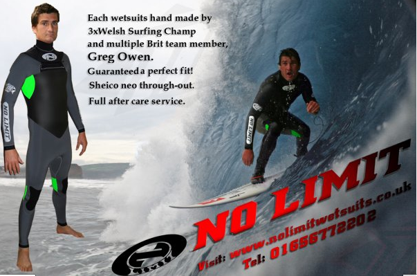 No Limit Wetsuits UK, Custom Designed, One of a Kind, Perfect Fit Guaranteed. Owned and Operated by Multi Welsh National Champion Greg Owen.