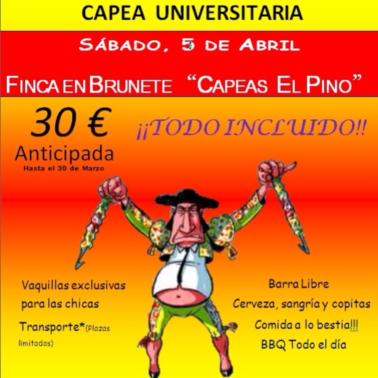 Finca en Brunete, Capeas el Pino 5 de abril. Entradas  30€ . ¡Cerveza ,sangría,copas, música y BBQ todo el día!