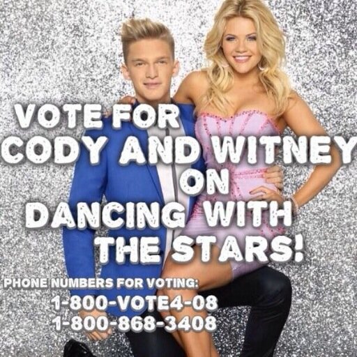 Vote for @CodySimpson & @WitneyCarson- #DWTS Season 18! Call 1-800-868-3408 every Monday to VOTE! Lets help Cody & Witney take home the mirror ball trophy!