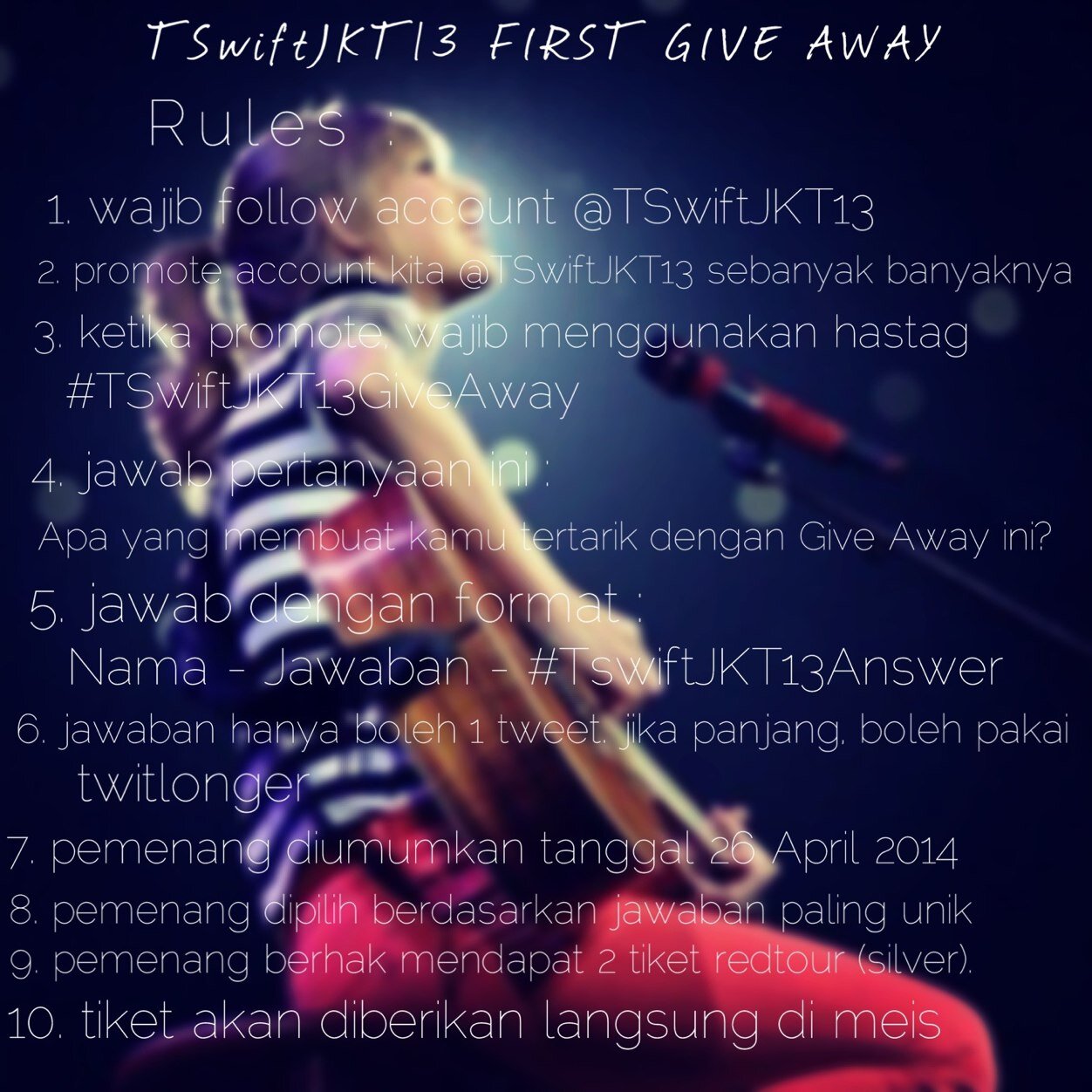 We are fanbase for Taylor Swift from Indonesia. Follow us for the latest news about taylor swift and redtour. JOIN OUR FIRST GIVE AWAY. CHECK FAV! ;)
