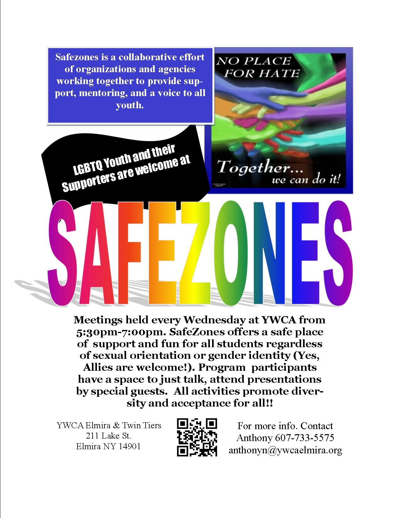 YWCAElmiraSafeZ's profile picture. Meet the Last  Wed. of the month 530-7 pm. SafeZones offers a safe place of support and fun for all students regardless of sexual orientation or gender identity