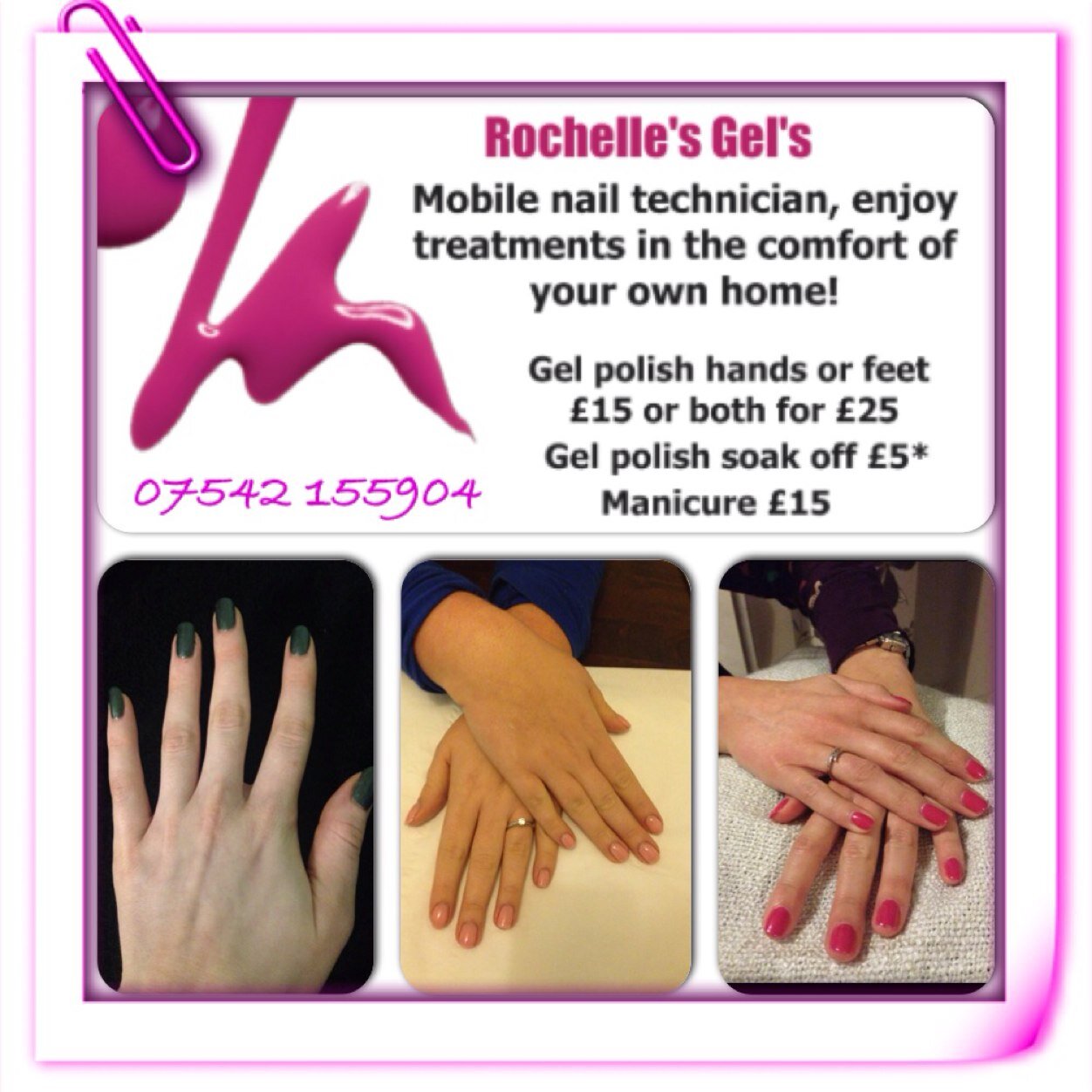 Rochelle's Gel's Mobile Nail Technician specialising in Gel polish, manicures and pedicures.