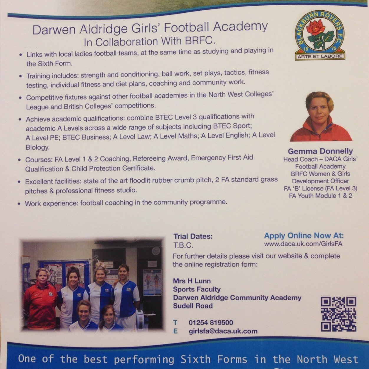 Girls Football Academy! Aged 16-18? Join Now!!!! Partnership Betwen Darwen Aldridge Community Academy Sixth Form and Blackburn Rovers Ladies!