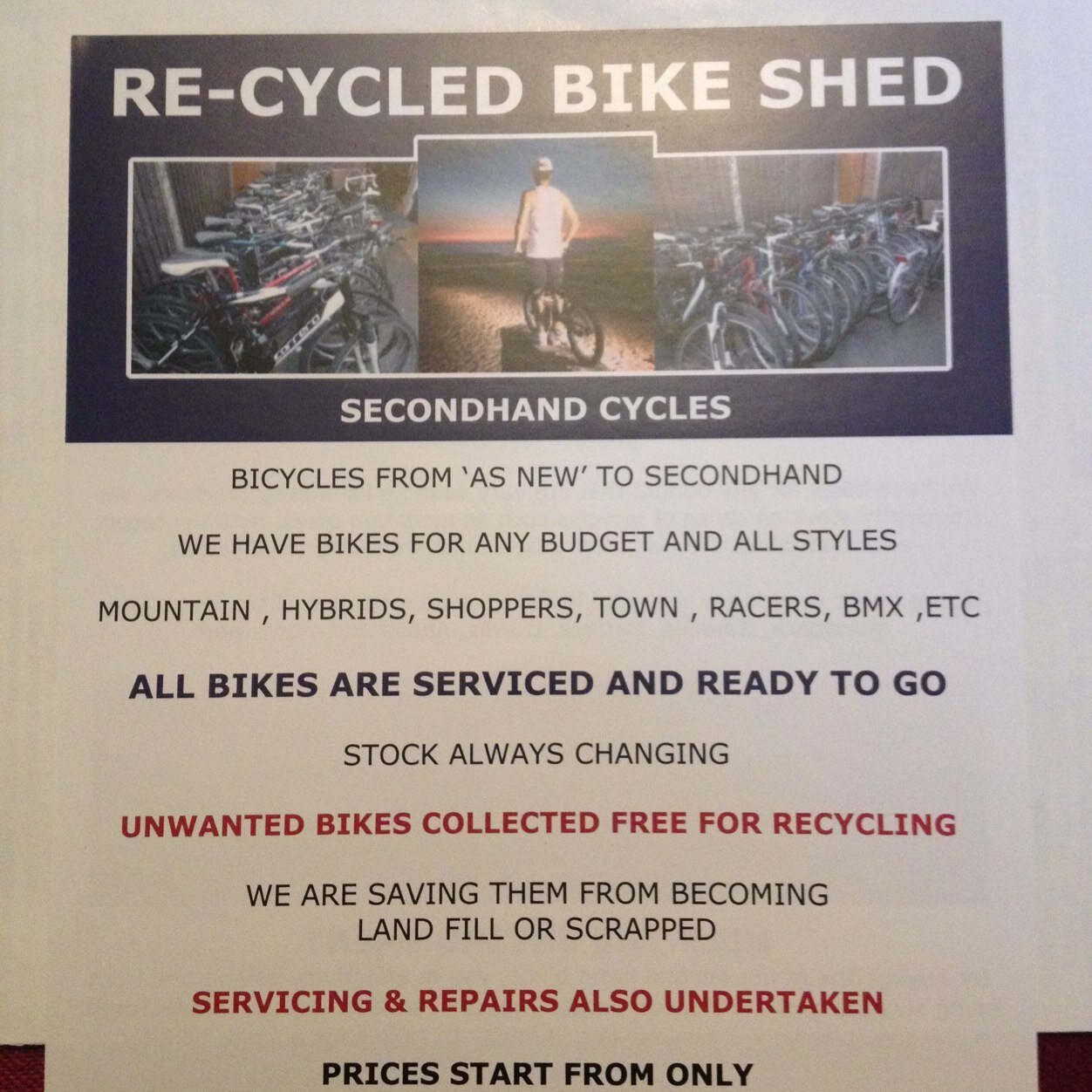 We collect unwanted bicycles 
At the Recycled Bike Shed, we supply second hand bicycles throughout the Surrey and Hampshire area. Be green, recycle a bicycle!