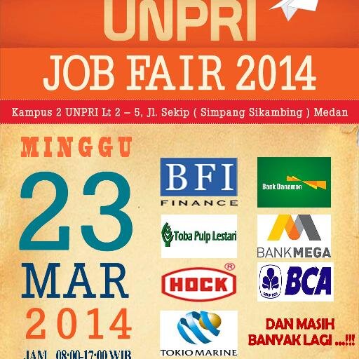 Butuh pekerjaan? Hadiri UNPRI Job Fair 2014. Minggu, 23 Maret 2014. Jam 08.00 s/d 17.00 WIB di Kampus 2 UNPRI, Jl. Sekip (Simpang Sikambing) Medan GRATISSS!!!