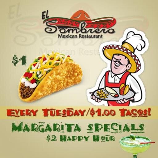 Monday - $1 Enchiladas
Tuesday- $1 Tacos 
Weds - Kids Eat Free 
Thursday - $7.99
Friday - Sunday HAPPY HOUR SPECIALS