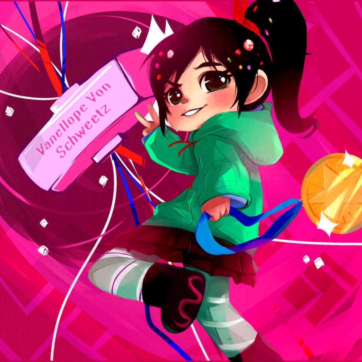Hey! The names Vanellope! I'm a racer in the game called Sugar Rush. My best friend is Ralph. I can't leave Sugar Rush, I'm stuck in there forever.