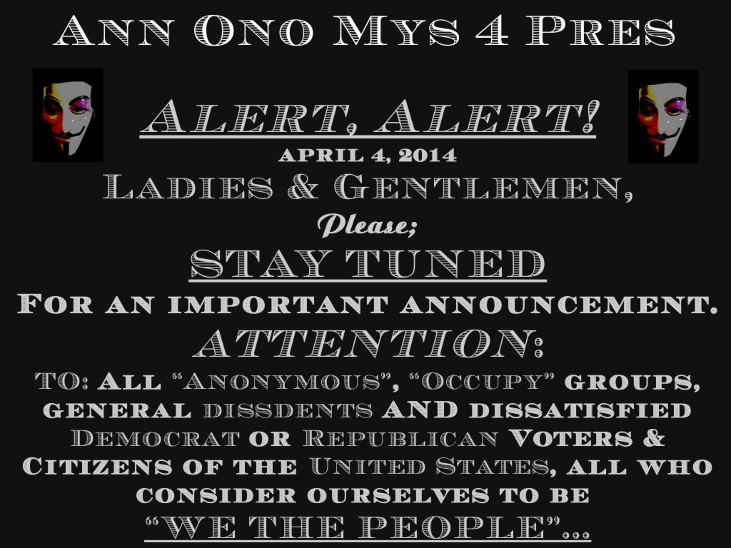 An average middle-aged US woman who is sick to death of biz as usual in politics & corporate culture. Bet ya a nickle I can win in 2016! Vote for Ann Ono Mys!