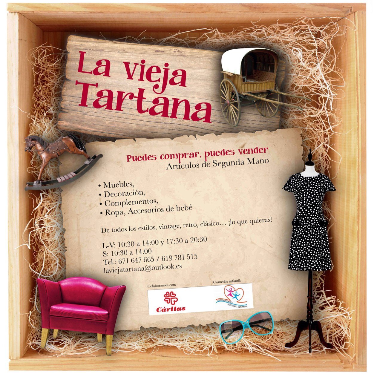 Puedes comprar y puedes Vender. La Vieja Tartana, tu tienda de Segunda Mano en la C/ Marques de Lema, 13. Ven a Visitarnos!